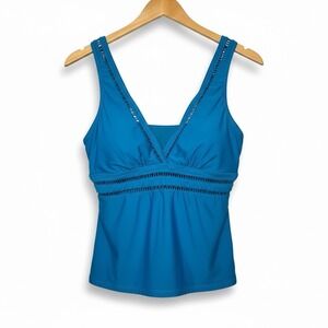 Time & Tru Womens Aqua Tankini Swim Top‎ L 12-14 Adjustable Removable Cups Beach